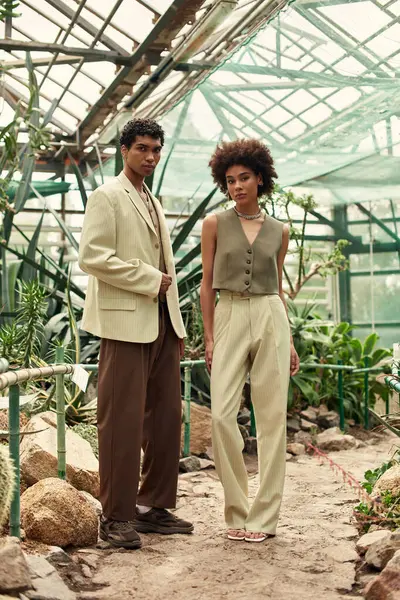 Genç bir çift, sakin bir serada yemyeşil ile çevrili samimi anlardan zevk alır..