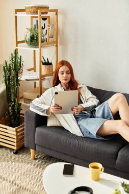 Genç bir kadın kanepede dinleniyor, boş zamanlarında tabletini karıştırıyor..