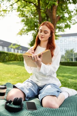 Genç, güzel bir kadın parkta bir battaniyeye oturup güneşin tadını çıkarırken defterine bir şeyler yazıyor..