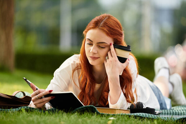 A young beautiful woman lies on the grass, writing in a journal and savoring her coffee in the park.