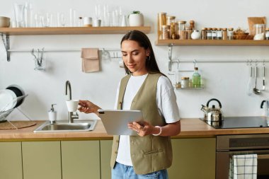 Güzel genç bir kadın elinde bir fincanla rahat bir mutfakta tabletini karıştırıyor..