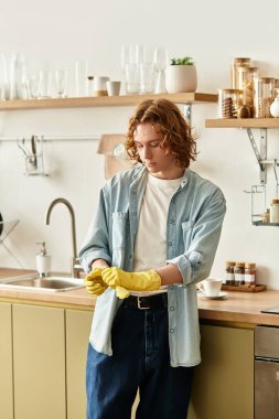 Gündelik kıyafetli genç adam sarı eldivenlerini giyer ve mutfak alanını temizlemeye hazırdır..