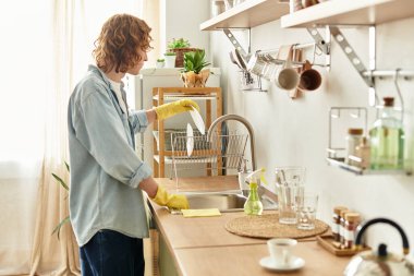 Açık tişörtlü ve sarı eldivenli genç bir adam sıcak mutfağı topluyor..