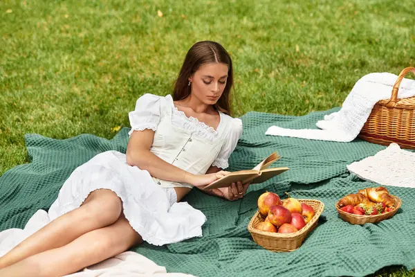 Genç bir kadın parkta huzurlu bir piknik yapıyor, kitap okuyor ve lezzetli şeylerden zevk alıyor..
