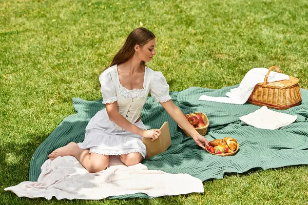 Genç ve güzel bir kadın, yeşil bir parkta, battaniyenin üzerinde oturmuş, keyifli bir pikniğin tadını çıkarıyor..