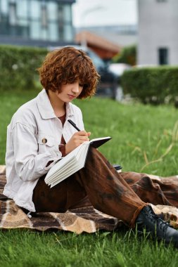 Kıvırcık saçlı genç bir kadın yemyeşil bir parkta battaniyenin üzerinde otururken sessizce çizimler yapıyor..