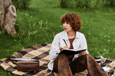 Genç bir kadın, bir battaniyeye not defterine yazarken doğada huzurlu bir anın tadını çıkarıyor..