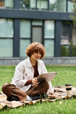 Kıvırcık saçlı kadın parkta battaniyede dinlenirken tabletle uzaktan çalışıyor..