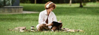 Kıvırcık saçlı genç bir kadın battaniyeye oturmuş güneşli bir parkta huzur içinde yazı yazıyor.