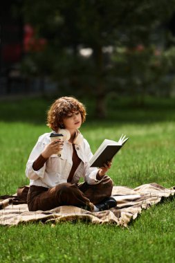 Kıvırcık saçlı genç bir kadın yeşil bir parkta battaniyeye oturmuş, kahvesini yudumluyor ve kitap okuyor..