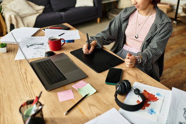 Молодая женщина сосредоточена на своем графическом планшете во время работы из дома.