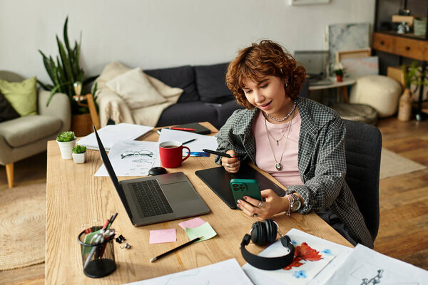 Молодая женщина с вьющимися волосами занимается внештатной работой дома на графическом планшете, пользуясь телефоном.
