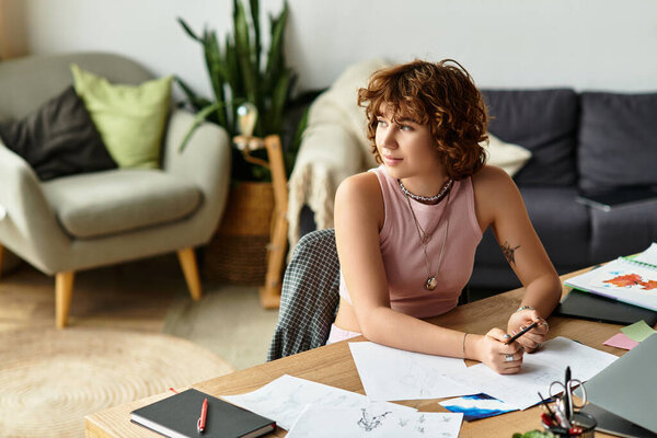 Молодая женщина с вьющимися волосами сидит за столом, поглощенная своим искусством в уютной обстановке.