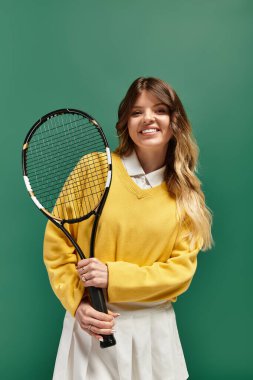 Parlak yaz titreşimleri, neşeli genç bir kadının yeşil bir zemine karşı tenis raketiyle poz vermesi gibi..