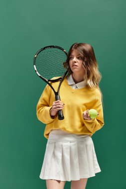 Sarı kazaklı ve beyaz etekli genç bir kadın tenis raketi tutuyor..