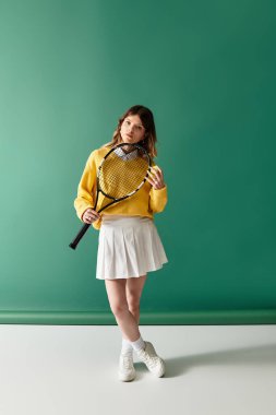 Parlak yaz atmosferinde genç bir kadın, kendine güvenen bir şekilde tenis raketiyle poz verir..