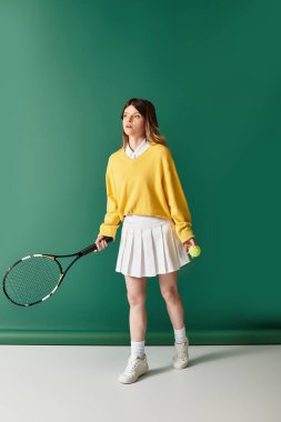Sarı kazak ve beyaz etek giymiş genç ve güzel bir kadın elinde raketle ayakta duruyor..