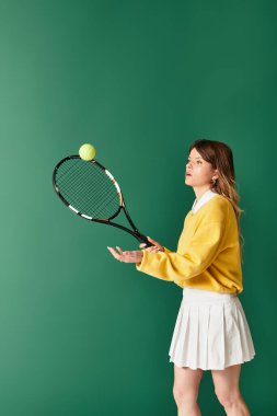 Sarı kazaklı ve beyaz etekli genç bir kadın şakacı bir şekilde tenis topunu fırlatıyor..