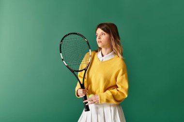 Yaz kıyafetleri içinde kendinden emin genç bir kadın tenis raketini çok güzel tutuyor..