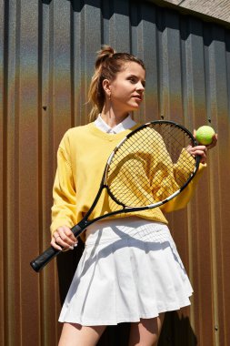 Güzel genç bir kadın yaz enerjisi yayıyor. Tenis raketi ve topla rahatça poz veriyor..