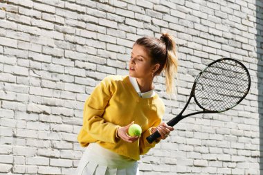 Genç bir kadın, yaz güneşinde tenis oynamaya hazır, hafif tuğlalı bir duvarın yanında poz veriyor..