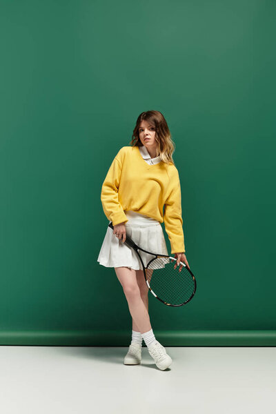 Молодая красивая женщина уверенно стоит в случайном спортивном виде, излучая летнюю энергию.