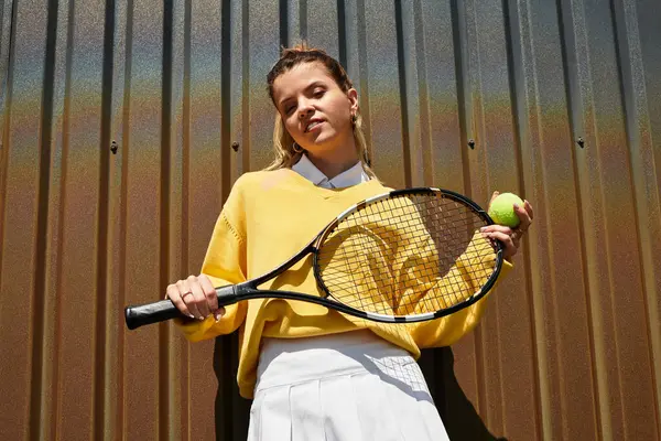 Genç bir kadın tenis raketi ve topuyla rahatça poz verirken yaz atmosferi ışıldıyor..