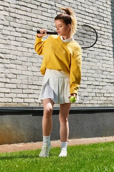 Sarı kazaklı genç bir kadın tenis raketi tutuyor, kortta hizmet etmeye hazır..