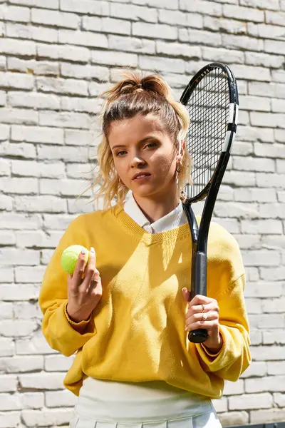 Parlak gülüşlü bir kadın tenis topunu bir elinde tutarken raketi yanında duruyor..