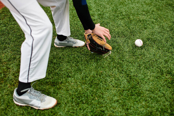 Sportsman crouches low, gloves ready, to catch a baseball on a sunny field.