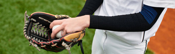 A talented player stands ready on a vibrant baseball field, holding a glove and ball, banner