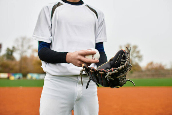 A confident player stands on a vibrant field preparing to pitch a baseball.