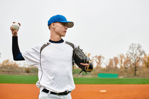 A young athlete takes a stance, ready to throw a baseball with focus and determination.