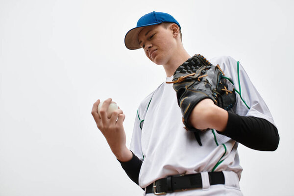 Teenage boy holds a baseball, showcasing focus and determination before the pitch.