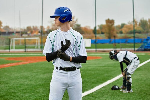 Two energetic teens play baseball on a grassy field, showing their skills and teamwork.