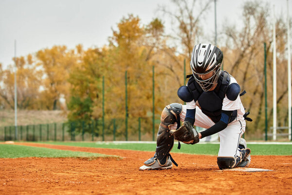 A dedicated player is ready to catch a baseball on a beautiful autumn day, embodying youth's spirit.