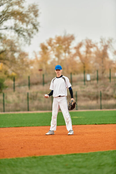 Молодой спортсмен стоит на алмазе, готовый к игре под ясным небом.