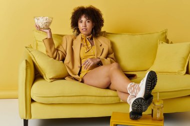 Kıvırcık saçlı bir kadın sarı bir koltukta oturuyor, canlı bir stüdyoda elinde patlamış mısırla..