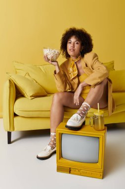 Kıvırcık saçlı şık bir kadın sarı bir koltukta gevşeyip poz verirken patlamış mısırın tadını çıkarıyor..