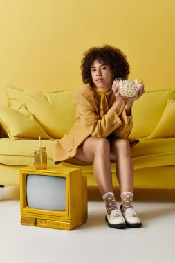 Sarı elbiseli kıvırcık saçlı bir kadın sarı bir koltukta rahatlar, atıştırmalık ve içeceklerden hoşlanır..