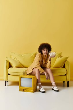 Kıvırcık saçlı şık bir kadın sarı bir kanepede elinde patlamış mısır kasesiyle rahatlıyor..