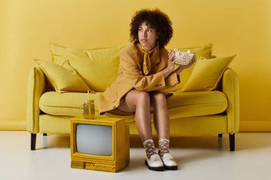 Kıvırcık Afrikalı Amerikalı bir kadın sarı bir kanepede oturur, elinde patlamış mısırla dinlenir..