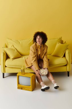 Şık, kıvırcık saçlı bir kadın uyumlu sarı bir koltukta oturur ve patlamış mısırın tadını çıkarır..