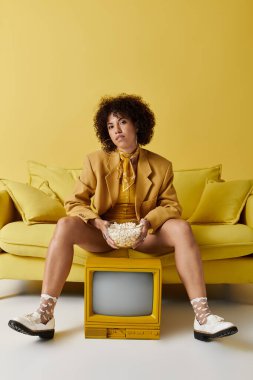 Kıvırcık saçlı bir kadın elinde patlamış mısırla neşeli sarı bir kıyafet giyiyor..