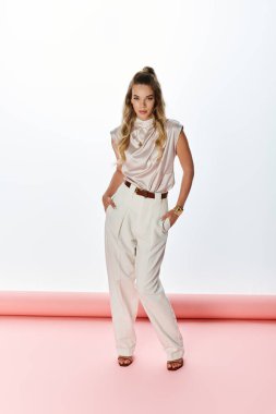 Genç bir kadın elleri ceplerinde, zarif kıyafetini sergileyerek özgüvenle ayakta duruyor..