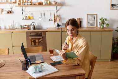 Odaklanmış genç bir kadın, dizüstü bilgisayarına rahat bir dekor ve modern teknolojinin ortasında yazar..