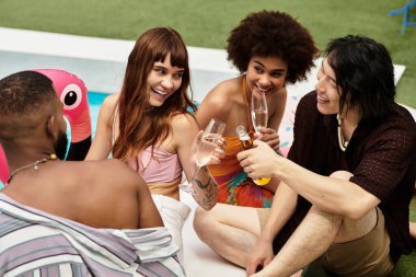 Havuz kutlamalarında şık arkadaşlar kahkahalarını ve içkilerini paylaşır..