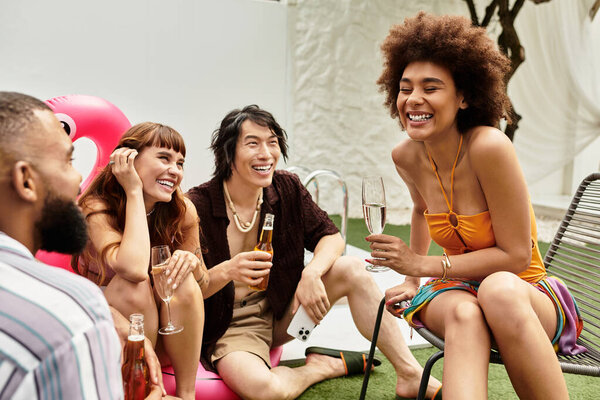 Друзья смеются и делятся напитками, создавая незабываемые воспоминания вместе на оживленной вечеринке у бассейна.