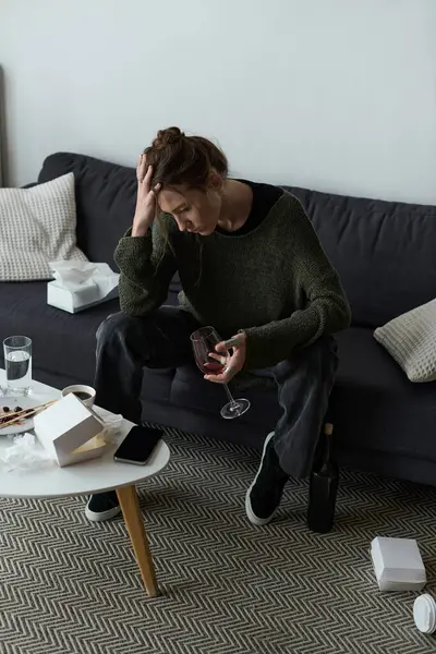 Genç bir kadın evde duygularıyla yüzleşiyor. Elinde içkiyle dağınık eşyalar arasında..