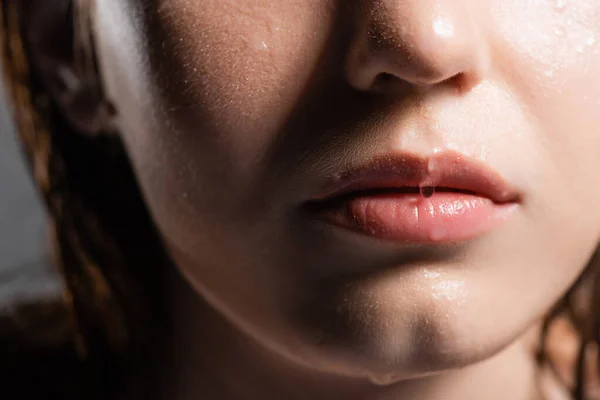 Обрезанный вид капель воды на губах молодой женщины, изолированной на сером — стоковое фото